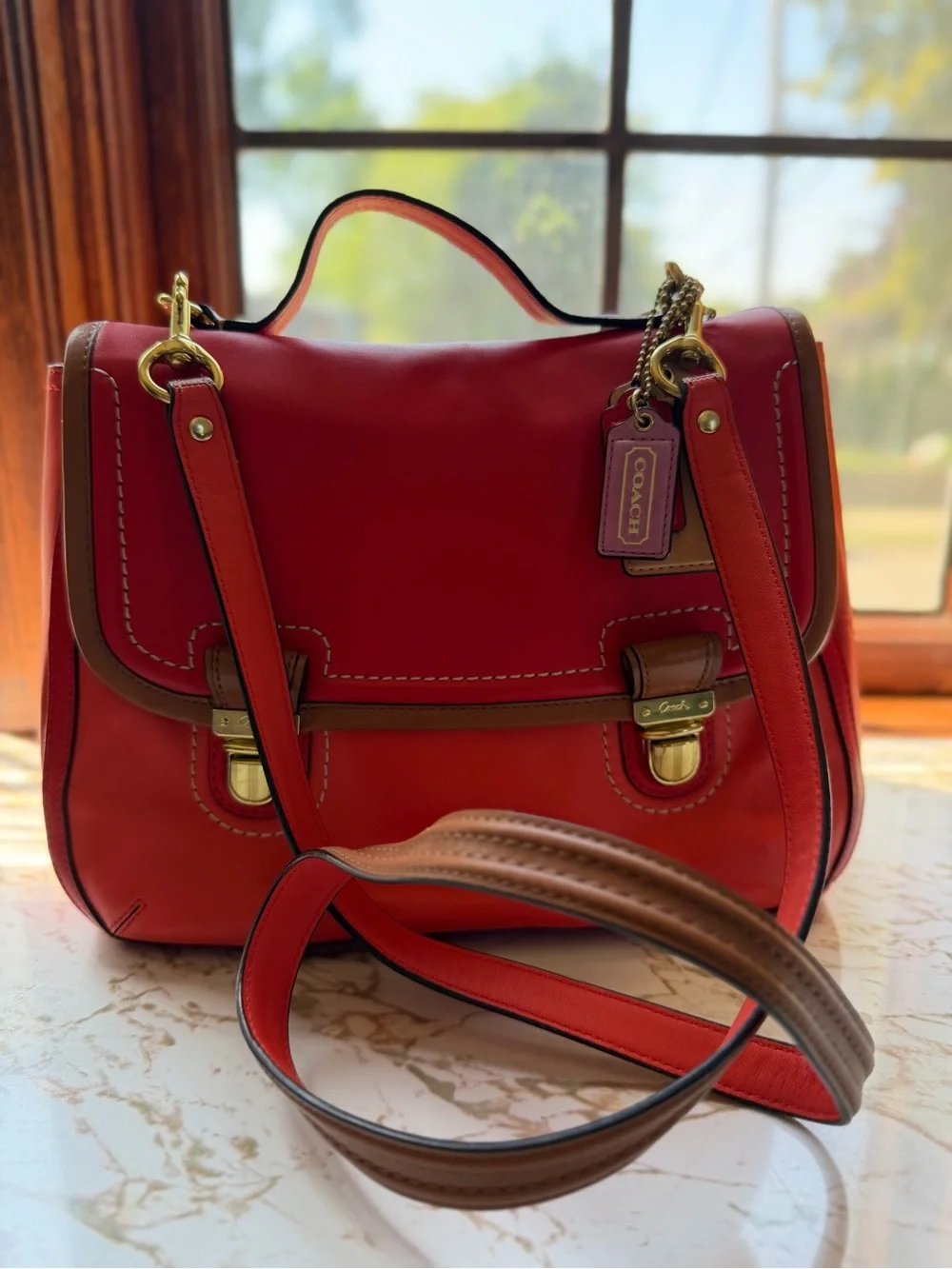 Vintage Coach Poppy Colorblock Dylan Flap Satchel - Red & Orange Leather